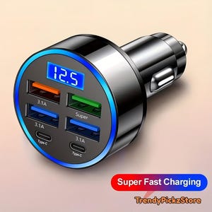 May include: Black car charger with four USB ports and two Type-C ports. The charger has a digital display showing "12.5" and a blue LED ring. The charger is labeled "Super Fast Charging".