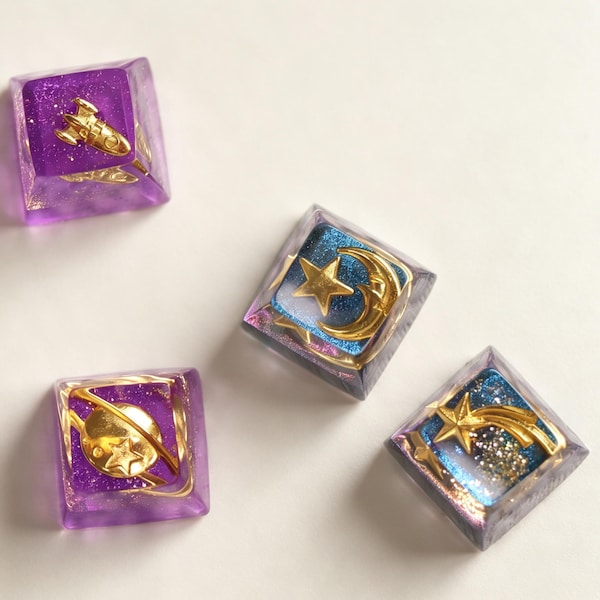Resin Star Moon Keycap, Purple Galaxy Glitter Custom Keycap, Shine Through Key Cap for Cherry MX Mechanical Keyboard