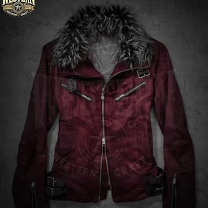 May include: A burgundy leather jacket with a faux fur collar. The jacket features a zipper closure, multiple pockets, and buckle details. The Western Craft logo is visible in the upper left corner.