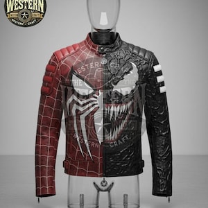 May include: A two-tone leather jacket, half red with a spiderweb design and half black with a Venom graphic. The jacket has a stand-up collar, a zip closure, and the text "THE WESTERN CRAFT".