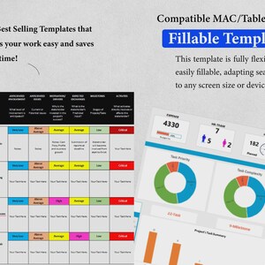 May include: A digital project management template featuring a stakeholder analysis table with color-coded rows and a dashboard displaying expense data, HR team statistics, task priority and complexity donut charts, and a project task summary bar graph.