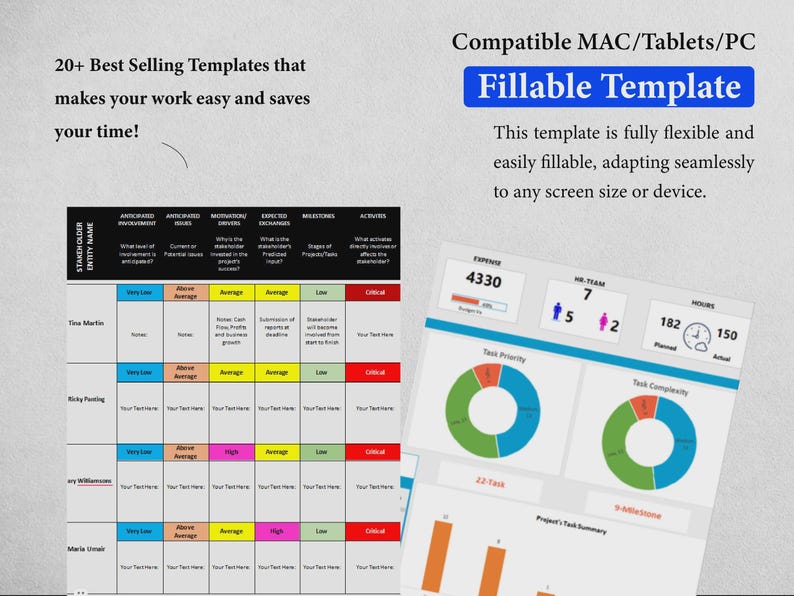 May include: A digital project management template featuring a stakeholder analysis table with color-coded rows and a dashboard displaying expense data, HR team statistics, task priority and complexity donut charts, and a project task summary bar graph.