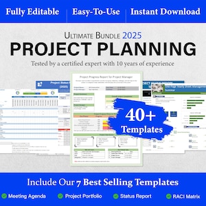 May include: An image promoting a project planning bundle with over 40 templates. The text reads "Ultimate Bundle 2025 Project Planning" and highlights features like "Fully Editable" and "Easy-To-Use". The image includes examples of project management documents.