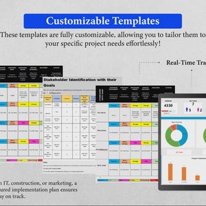 May include: A digital display of project management templates featuring tables with columns for stakeholder identification, goals, and real-time tracking. The interface includes colorful charts, progress bars, and data summaries for task priority and complexity.