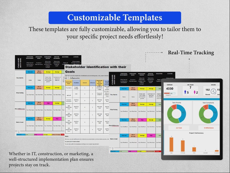 May include: A digital display of project management templates featuring tables with columns for stakeholder identification, goals, and real-time tracking. The interface includes colorful charts, progress bars, and data summaries for task priority and complexity.