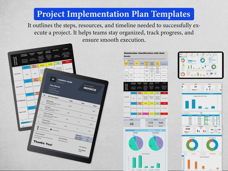 May include: Project Implementation Plan Templates with text describing steps, resources, and timelines. Includes a stakeholder identification table, a company invoice, and various digital dashboards displaying data charts, graphs, and metrics.