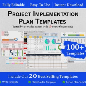May include: A digital collection of Project Implementation Plan Templates featuring Excel and Word icons. The display includes various spreadsheet layouts, charts, and graphs with text stating 100+ Templates and 20 Best Selling Templates including WBS, Stakeholder, and Action Plan templates.
