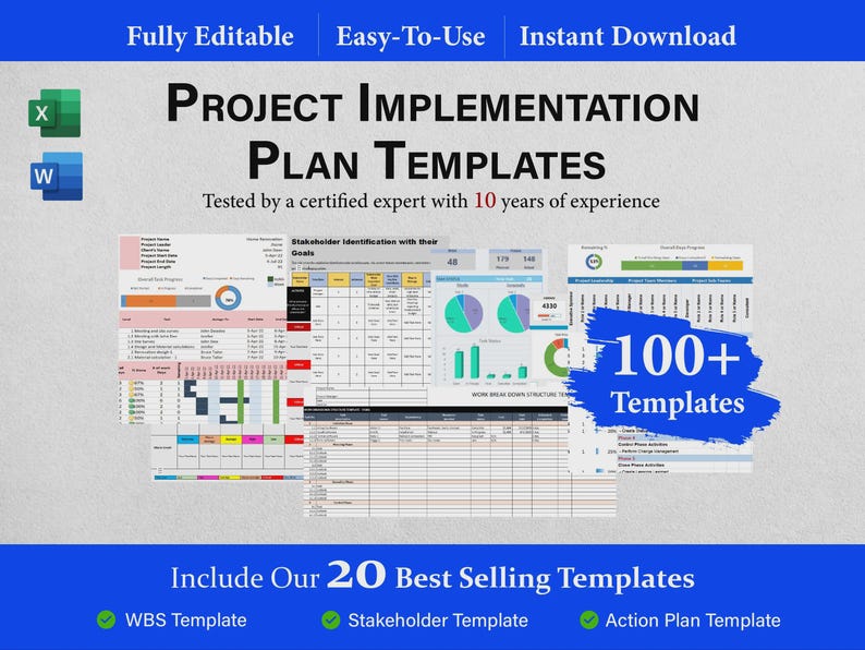 May include: A digital collection of Project Implementation Plan Templates featuring Excel and Word icons. The display includes various spreadsheet layouts, charts, and graphs with text stating 100+ Templates and 20 Best Selling Templates including WBS, Stakeholder, and Action Plan templates.