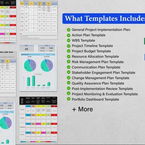 May include: A digital project management template collection featuring various spreadsheets, pie charts, and bar graphs. The text reads What Templates Includes? followed by a list of documents including WBS, budget, and risk management plans.