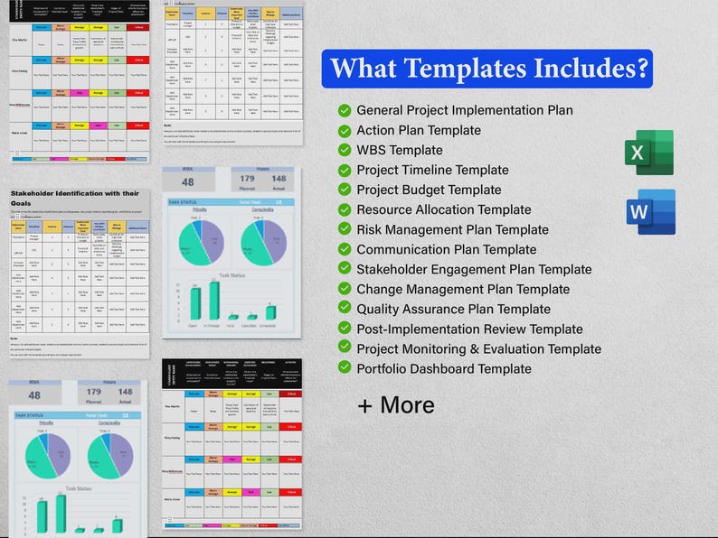 May include: A digital project management template collection featuring various spreadsheets, pie charts, and bar graphs. The text reads What Templates Includes? followed by a list of documents including WBS, budget, and risk management plans.