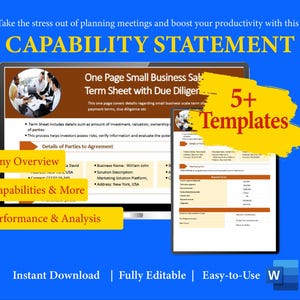 May include: A digital marketing template with the text "CAPABILITY STATEMENT" in yellow. The image includes a computer screen displaying a business document, with the words "One Page Small Business Sale Term Sheet" and "5+ Templates".