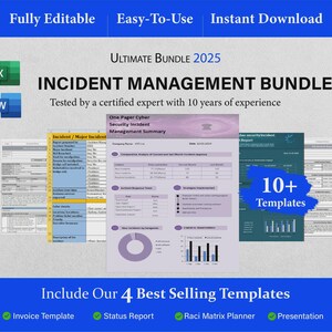 May include: An Incident Management Bundle 2025 digital template set featuring Excel and Word icons, a cyber security incident management summary, and various report layouts. The graphic includes text stating 10+ Templates and 4 Best Selling Templates.