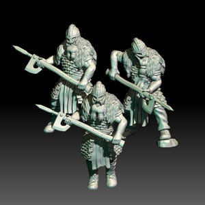 May include: Three miniature Viking warrior figures, each wielding a large axe with a spearhead. The figures are dressed in helmets, fur-lined armour, and tunics. The image is set against a dark background, highlighting the detailed design of the figurines.