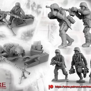Może przedstawiać: Zbiór szarych miniaturowych figurek przedstawiających żołnierzy w różnych pozach. Zestaw zawiera żołnierzy obsługujących karabiny maszynowe, czołgających się i niosących sprzęt. Obraz zawiera również tekst "PRE SUPPORTED" i logo.