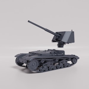 May include: A gray model of a tank with a large gun barrel. The tank has a detailed track system and a turret with a gun. The model is set against a plain background.