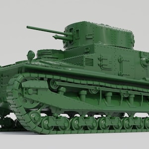 May include: A detailed, green model tank with a turret and two cannons. The tank features visible treads, wheels, and various mechanical details. The overall design suggests a historical or military theme.