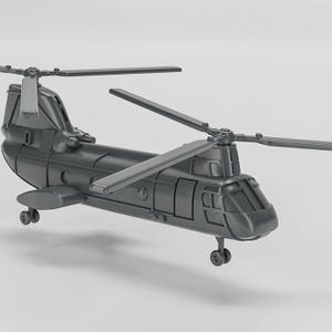 May include: A gray model of a Chinook helicopter, featuring two large rotors and a distinctive tandem rotor design. The toy helicopter has detailed features, including windows and landing gear. The model is a solid color and appears to be made of plastic.