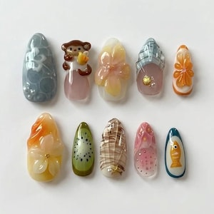 3D Banana Monkey Press On Nails, Kawaii Fruit Acrylic Art Set
