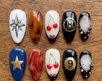 Rockabilly Cherry Press on Nails Luxury 3D Red Cherry 8-Ball Tortoiseshell Nails