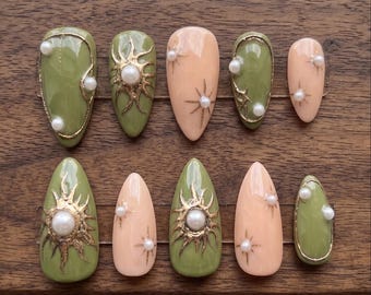 Uñas postizas de lujo color verde salvia Celestial Sun Pearl 3D, uñas personalizadas