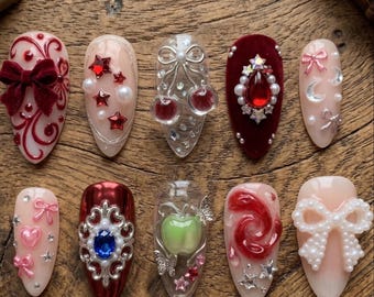 Uñas postizas de lujo Blancanieves 3D, terciopelo, lazo rojo, perlas, uñas personalizadas Royal