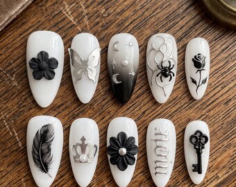 Uñas postizas blancas góticas de lujo con flor negra 3D y araña plateada personalizadas