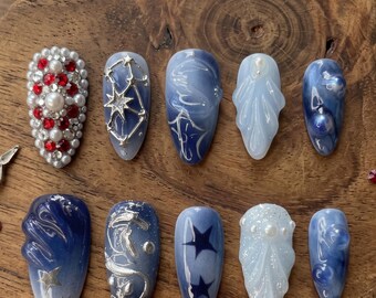 Luxury Blue Ocean Press on Nails 3D Sculpted Shell Pearl Celestial Custom Nails