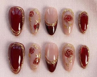 Red Rose Press On Nails, 3D Gold Chrome Nail, Bling Nails