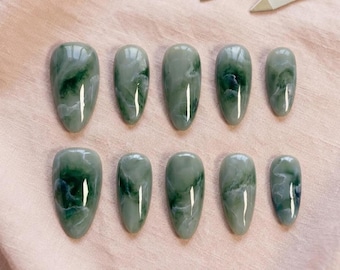 Uñas postizas de mármol verde esmeralda, uñas de gel hechas a mano