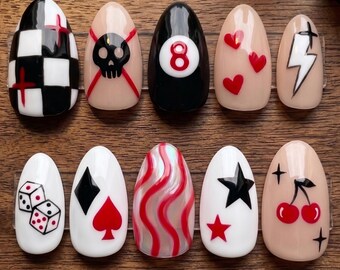 Rockabilly Punk Press on Nails Luxury 3D Red 8-Ball Checkerboard Custom Nails