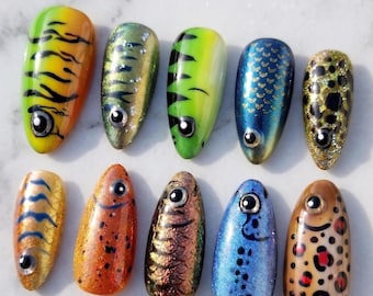 Uñas postizas con diseño de señuelo de pesca, ojos de pez 3D de lujo, purpurina y diseño de animales.
