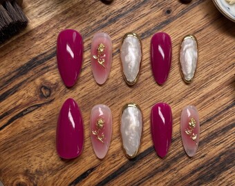 Vintage Berry Pink Press on Nails Luxury 3D Gold Rose Pearl Shell Custom Nails