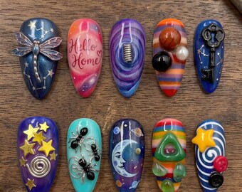 Uñas postizas psicodélicas espaciales de lujo 3D Kidcore Galaxy Moon personalizadas