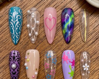 Uñas postizas Kidcore coloridas de lujo con diseño 3D Y2K de galaxia y salpicaduras de estrellas, uñas personalizadas.