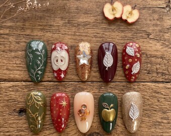 Red Green Cottagecore Press on Nails Luxury 3D Apple Autumn Autumn Custom Nails