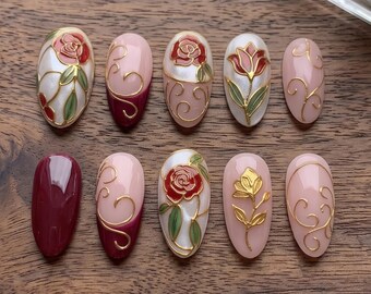 Uñas postizas de lujo con esmalte cloisonné dorado 3D, color rosa burdeos vintage.