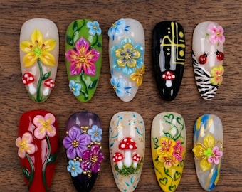 Uñas postizas de lujo con diseño de flor de hongo en 3D, estilo Cottagecore.