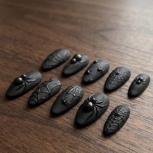Black Halloween Press on Nails Luxury 3D Glossy Spider Web Matte Goth Nails
