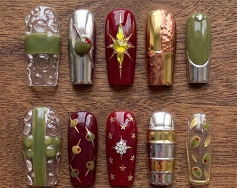 Uñas postizas Dirty Martini de lujo 3D Olive Bubble Rojo intenso Celestial Nails