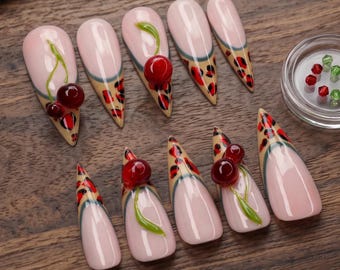 Luxury Leopard Cherry Press on Nails 3D Red Cherry Fruit Retro Custom Nails