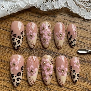 Leopard Print Floral Press On Nails: Pink Flower Almond Falsies Cheetah Nail Set