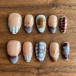 Handmade Abstract Press On Nails, Brown Blue Gradient Nail, Tortoise Shell Nails