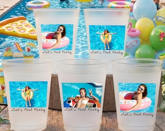 Custom Photos Pool Party Cups, Swimming Party Frosted Cups, Summer Party Favors, Personalized Your Photo Pool Party Gift, Pool Time