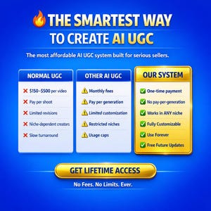 May include: A blue graphic with the text "THE SMARTEST WAY TO CREATE AI UGC." It compares "NORMAL UGC" and "OTHER AI UGC" to "OUR SYSTEM," highlighting features like one-time payment and free updates. The graphic promotes lifetime access.