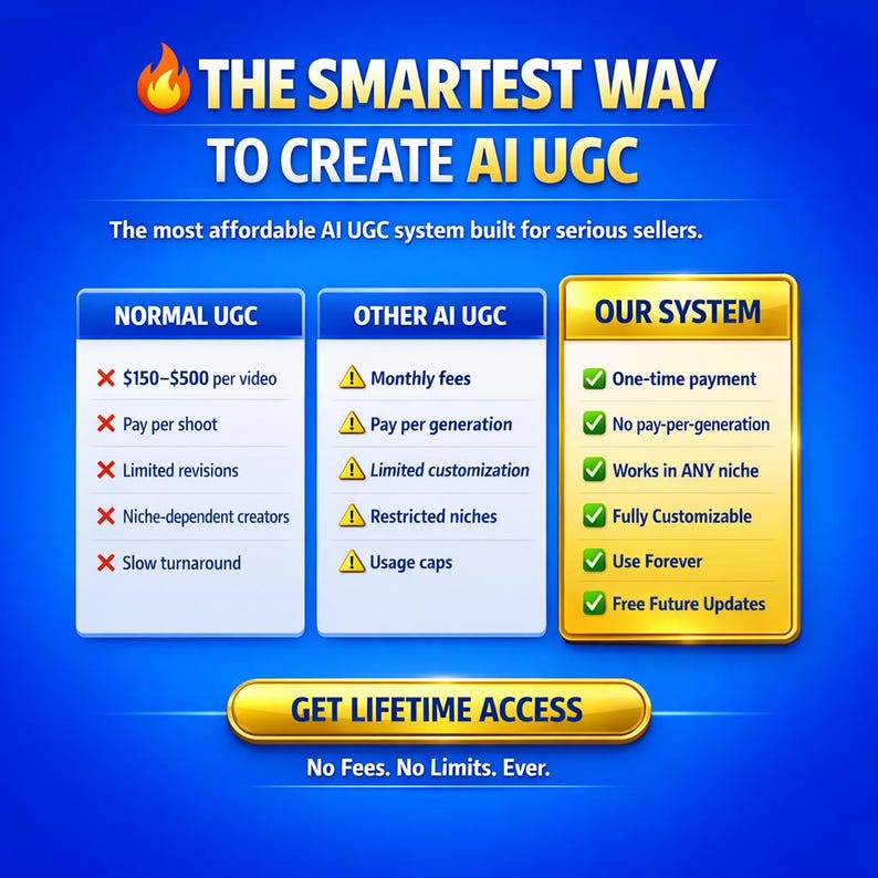 May include: A blue graphic with the text "THE SMARTEST WAY TO CREATE AI UGC." It compares "NORMAL UGC" and "OTHER AI UGC" to "OUR SYSTEM," highlighting features like one-time payment and free updates. The graphic promotes lifetime access.