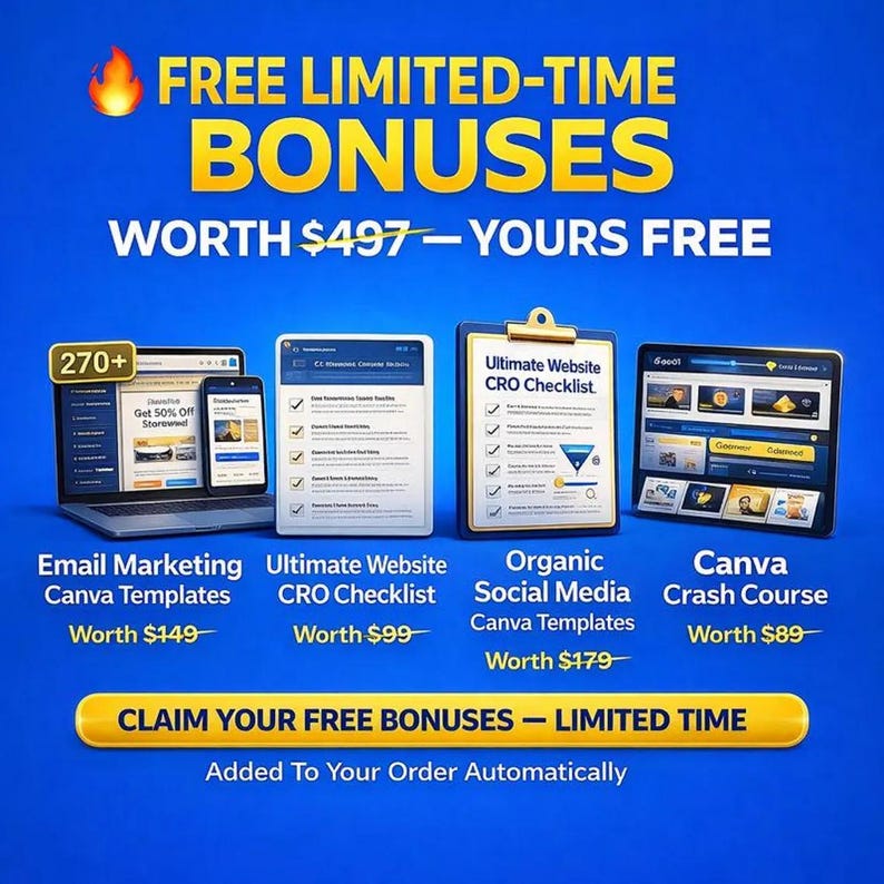 May include: A blue graphic promoting free limited-time bonuses. The image features a laptop, phone, tablet, and checklist. Text includes "Email Marketing Canva Templates", "Ultimate Website CRO Checklist", "Organic Social Media Canva Templates", and "Canva Crash Course".