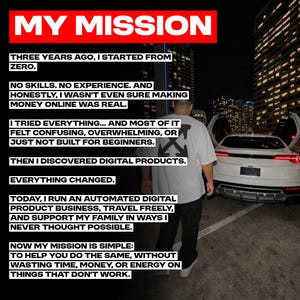 Peut inclure: Image avec texte : &laquo;&nbsp;MY MISSION&nbsp;&raquo;. Le texte raconte une histoire personnelle sur le d&eacute;marrage d'une entreprise de produits num&eacute;riques. Une personne se tient devant une voiture blanche aux portes ouvertes. L'arri&egrave;re-plan comprend des b&acirc;timents de la ville.