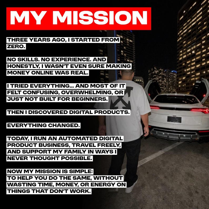 Peut inclure: Image avec texte : &laquo;&nbsp;MY MISSION&nbsp;&raquo;. Le texte raconte une histoire personnelle sur le d&eacute;marrage d'une entreprise de produits num&eacute;riques. Une personne se tient devant une voiture blanche aux portes ouvertes. L'arri&egrave;re-plan comprend des b&acirc;timents de la ville.
