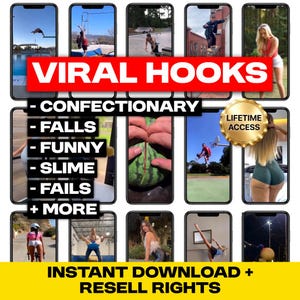 Peut inclure: Une image promotionnelle avec plusieurs &eacute;crans de smartphones affichant des clips vid&eacute;o. La banni&egrave;re centrale indique "VIRAL HOOKS". En dessous, une liste comprend "CONFECTIONARY", "FALLS", "FUNNY", "SLIME" et "FAILS". La banni&egrave;re inf&eacute;rieure indique "INSTANT DOWNLOAD + RESELL RIGHTS".