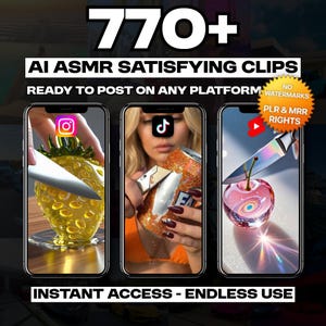 Peut inclure: Image publicitaire pour du contenu ASMR IA, avec le texte "770+ AI ASMR SATISFYING CLIPS READY TO POST ON ANY PLATFORM." Trois smartphones affichent du contenu ASMR : une fraise, une canette et une cerise. Le texte "INSTANT ACCESS - ENDLESS USE" est également présent.